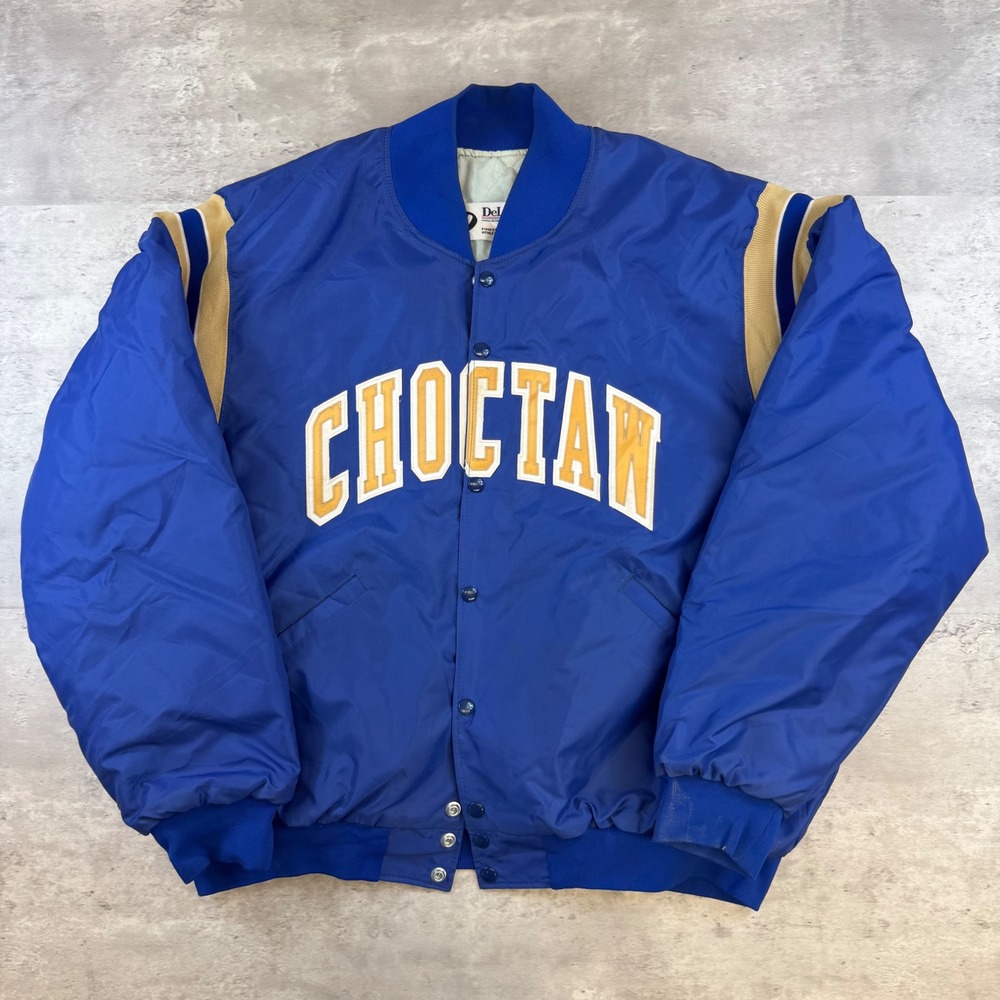 Vintage DeLONG Choctaw Varsity Bomber Jacket Blue Nylon Snap Front Mens 2X